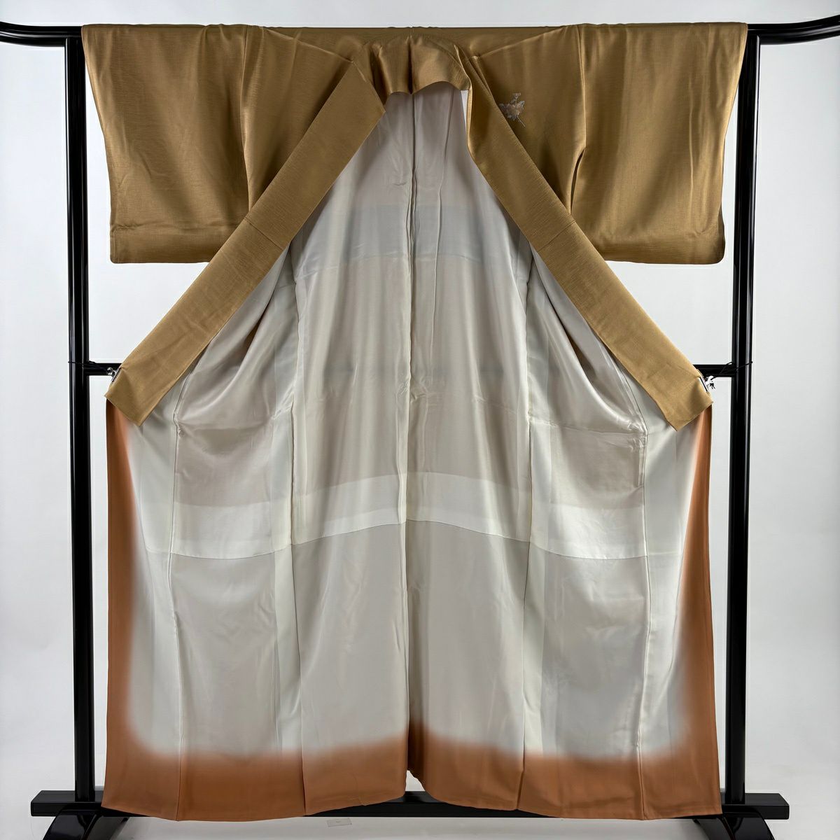 【美品】 付下 身長159.5cm 袖長64cm M 雙層 短冊 草花紋紋 刺繡 金彩裝飾 淺茶 純蠶絲 優品級