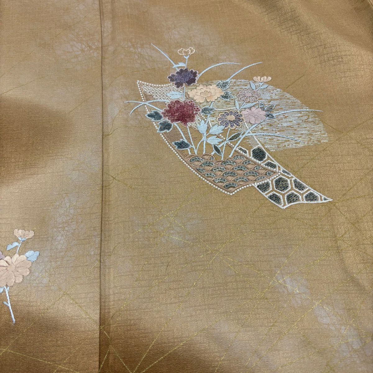 【美品】 付下 身長159.5cm 袖長64cm M 雙層 短冊 草花紋紋 刺繡 金彩裝飾 淺茶 純蠶絲 優品級