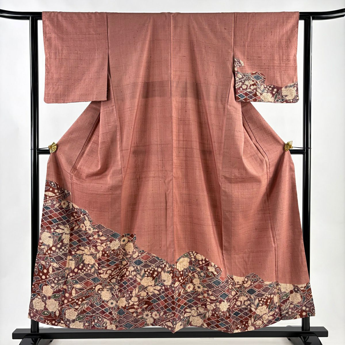 付下 身長155.5cm 袖長61cm S 雙層 紬織織 草花紋紋 菱形 絞染 粉米色 純蠶絲 優品級