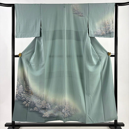 付下 身長154cm 袖長63.5cm S 雙層 建物 樹木 金銀彩 灰綠 純蠶絲 秀品級 一個紋