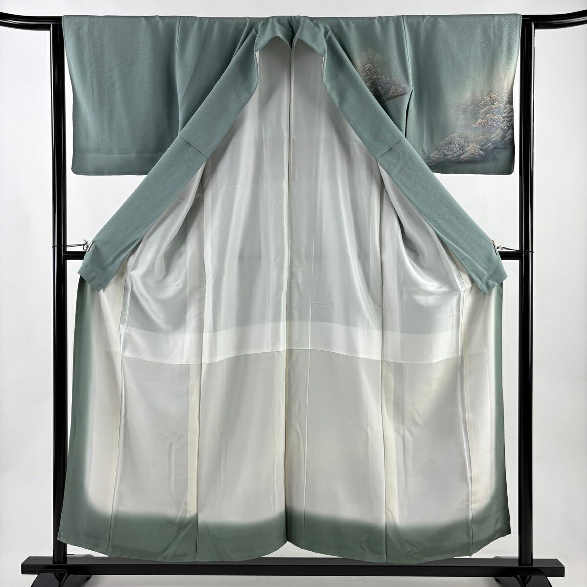 付下 身長154cm 袖長63.5cm S 雙層 建物 樹木 金銀彩 灰綠 純蠶絲 秀品級 一個紋