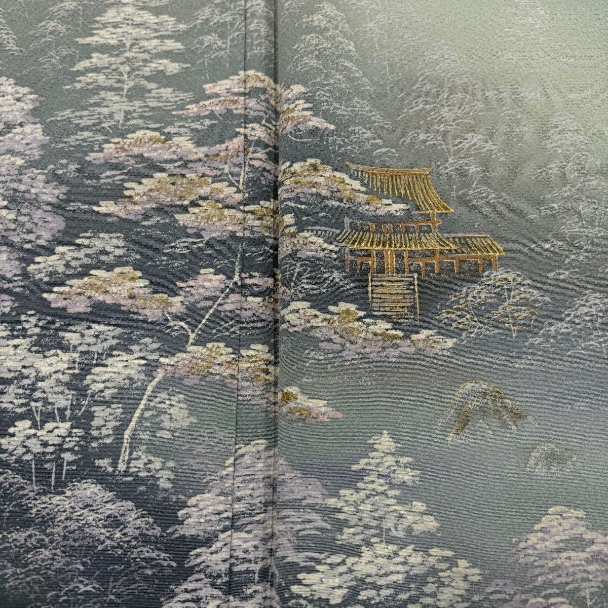 付下 身長154cm 袖長63.5cm S 雙層 建物 樹木 金銀彩 灰綠 純蠶絲 秀品級 一個紋