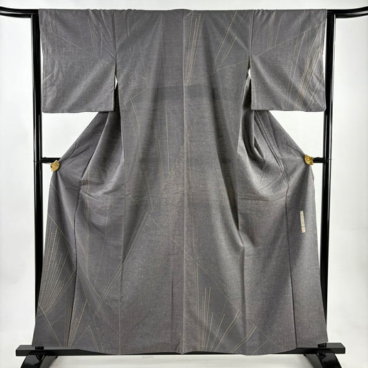 訪問服 身長158.5cm 袖長63cm S 雙層 川村久太郎 紬織織地 落款あり 證書あり 幾何學圖案 灰色 純蠶絲 秀品級