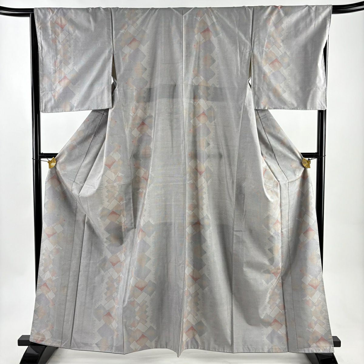【美品】 紬織 身長162.5cm 袖長67cm M 雙層 菱 幾何圖案 灰 純蠶絲 秀品級
