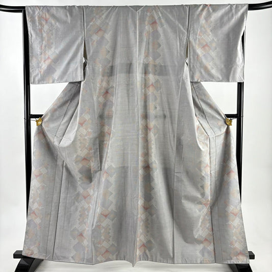 【美品】 紬織 身長162.5cm 袖長67cm M 雙層 菱 幾何圖案 灰 純蠶絲 秀品級