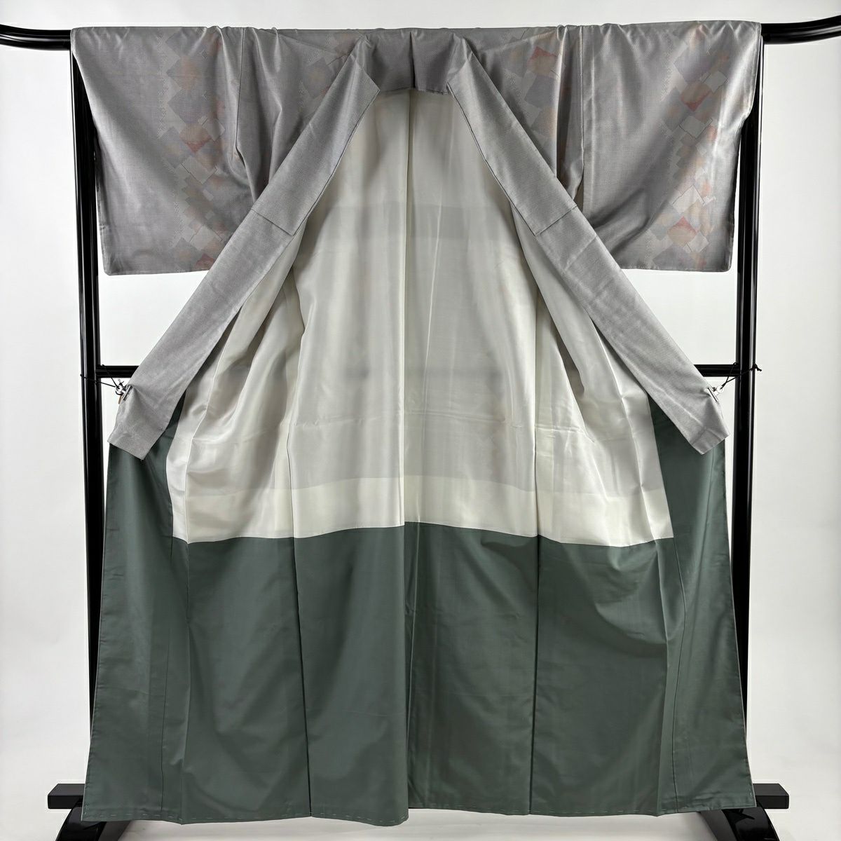 【美品】 紬織 身長162.5cm 袖長67cm M 雙層 菱 幾何圖案 灰 純蠶絲 秀品級