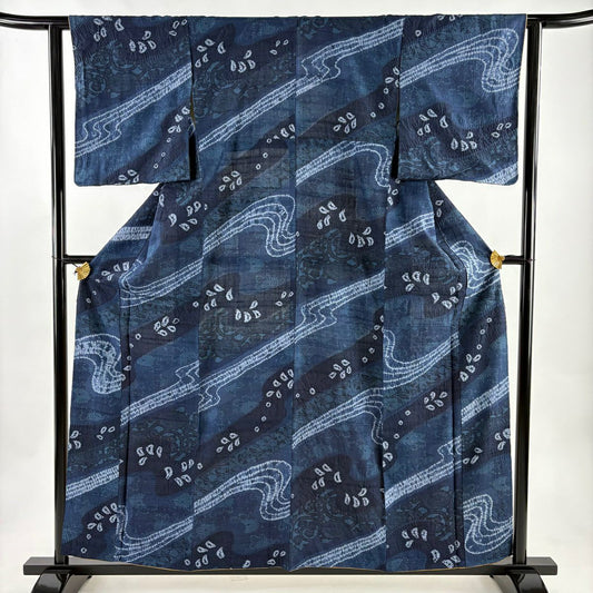 【美品】 小紋 身長159cm 袖長61.5cm S 雙層 紬織織 流水 草花紋紋 絞染 藍色 純蠶絲 秀品級