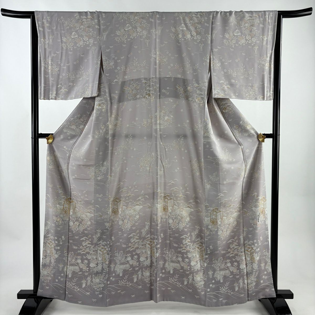 訪問服 身長162cm 袖長64.5cm M 雙層 落款あり 御所車 松樹竹子梅花 金絲 金銀彩 淺紫 純蠶絲 秀品級