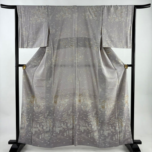 訪問服 身長162cm 袖長64.5cm M 雙層 落款あり 御所車 松樹竹子梅花 金絲 金銀彩 淺紫 純蠶絲 秀品級