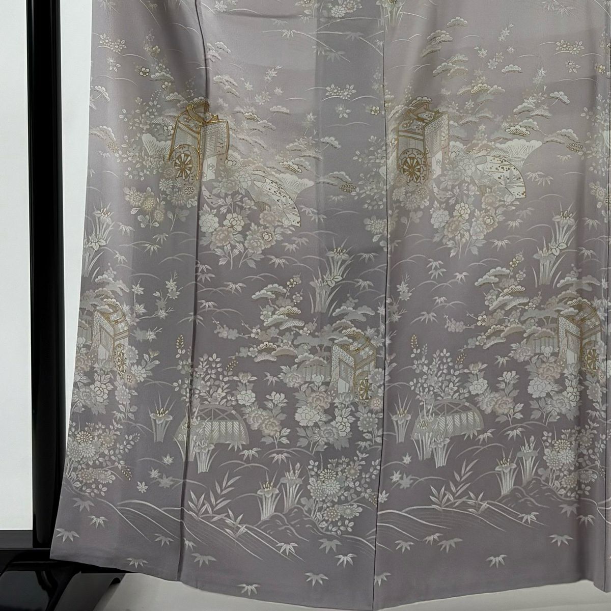訪問服 身長162cm 袖長64.5cm M 雙層 落款あり 御所車 松樹竹子梅花 金絲 金銀彩 淺紫 純蠶絲 秀品級