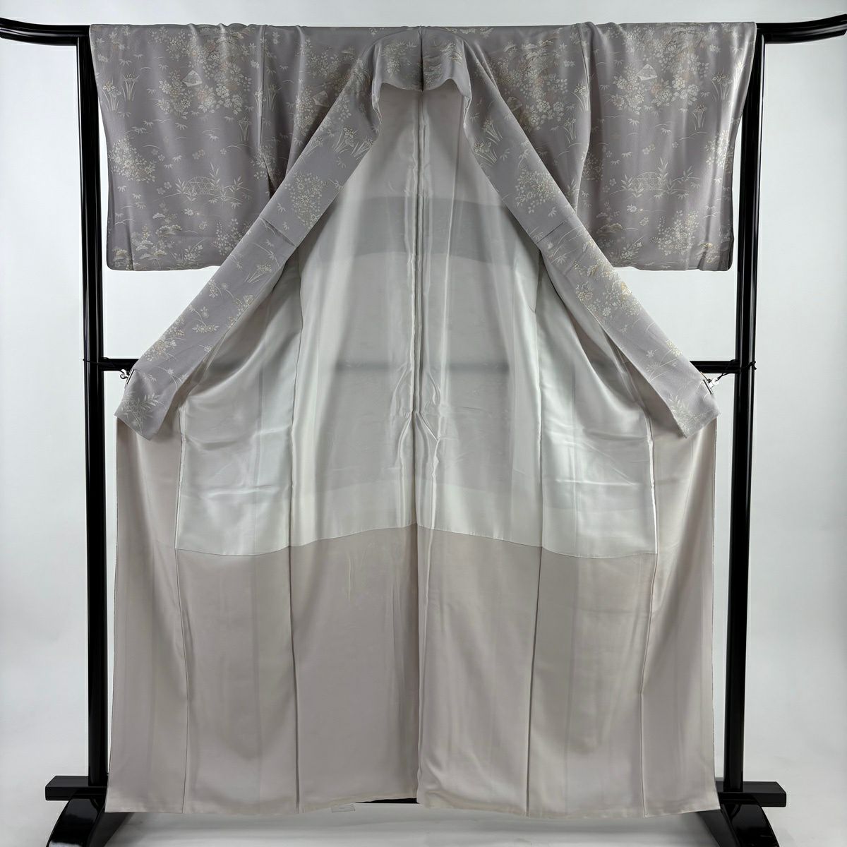 訪問服 身長162cm 袖長64.5cm M 雙層 落款あり 御所車 松樹竹子梅花 金絲 金銀彩 淺紫 純蠶絲 秀品級