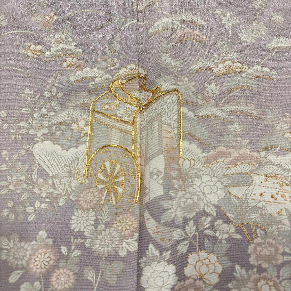 訪問服 身長162cm 袖長64.5cm M 雙層 落款あり 御所車 松樹竹子梅花 金絲 金銀彩 淺紫 純蠶絲 秀品級
