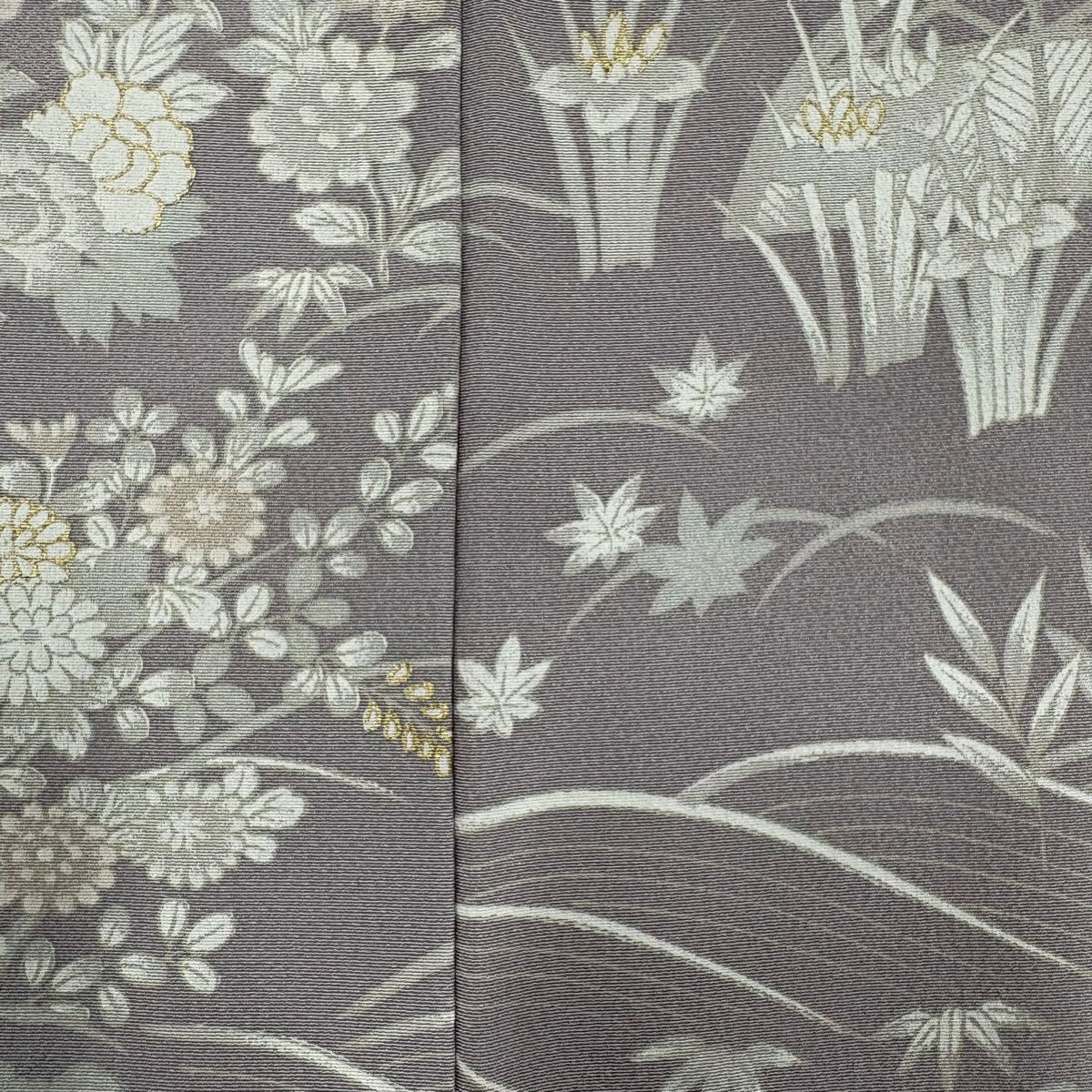 訪問服 身長162cm 袖長64.5cm M 雙層 落款あり 御所車 松樹竹子梅花 金絲 金銀彩 淺紫 純蠶絲 秀品級