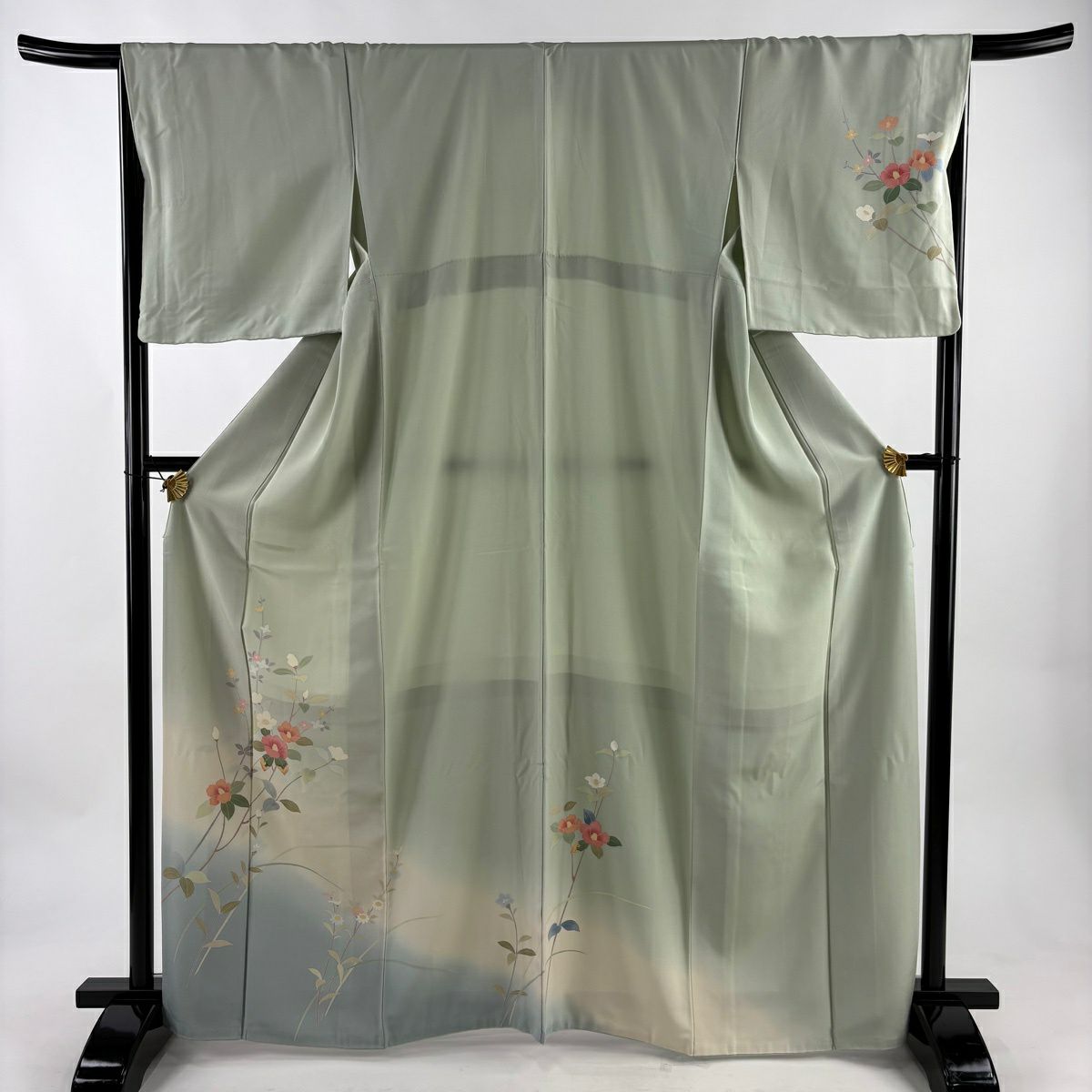 訪問服 身長166cm 袖長67cm M 雙層 椿 草花紋紋 染分 逐漸淡化 淺綠 純蠶絲 優品級