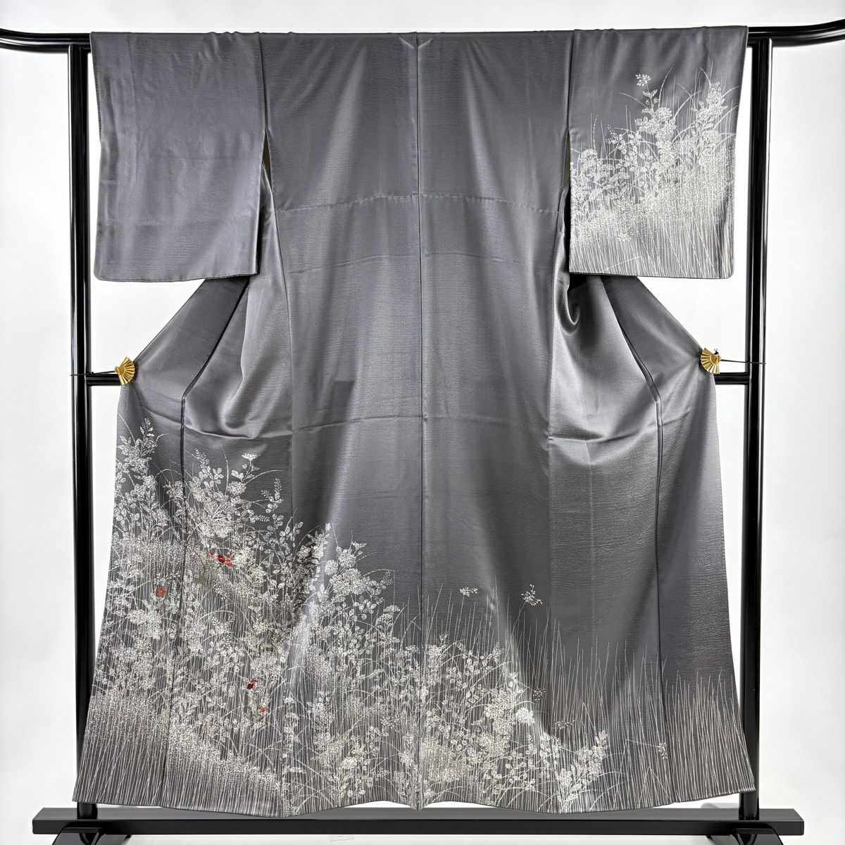 【美品】訪問服 身長155cm 袖長62cm S 雙層 秋草 金糸 刺繡 灰紫 純蠶絲 秀品級
