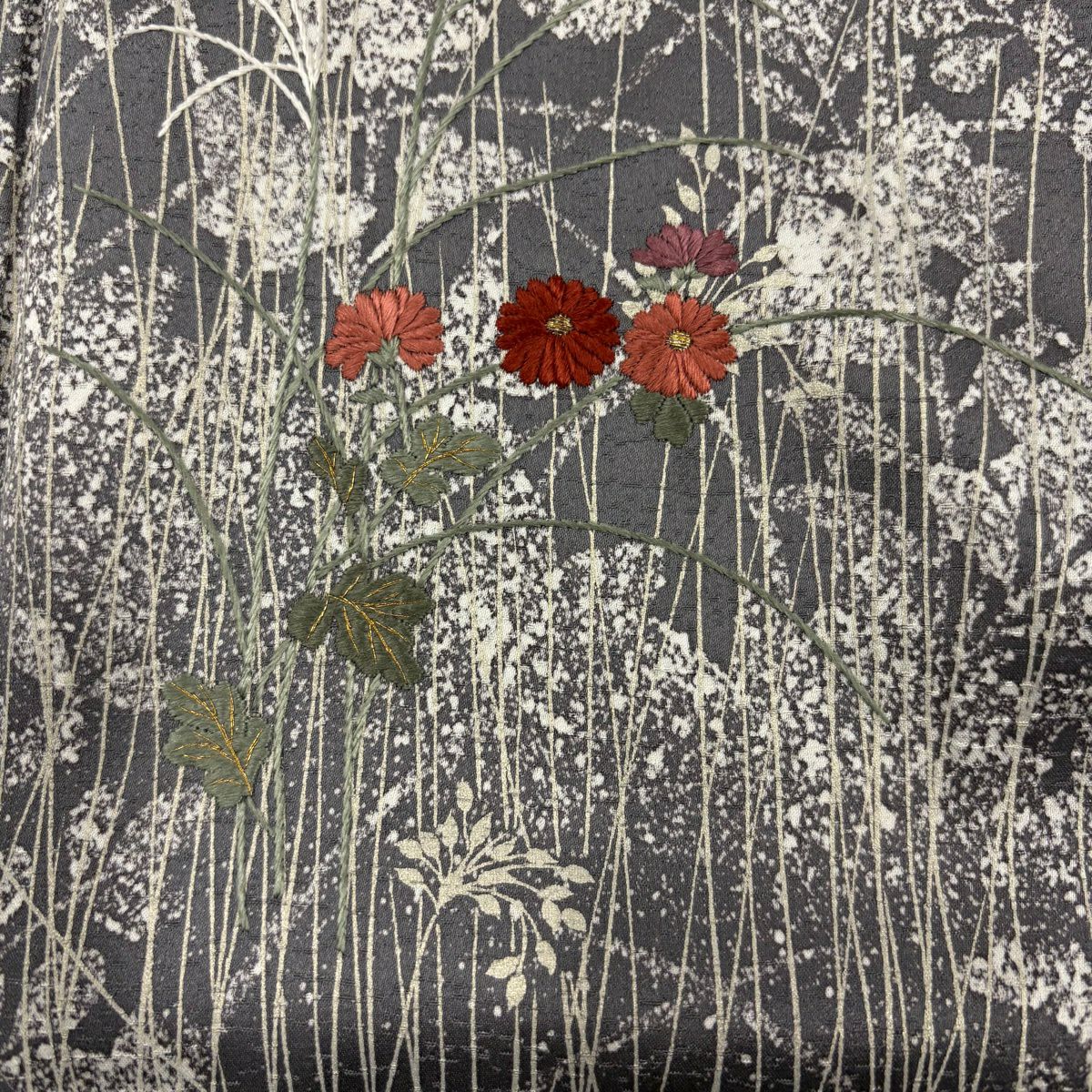 【美品】訪問服 身長155cm 袖長62cm S 雙層 秋草 金糸 刺繡 灰紫 純蠶絲 秀品級