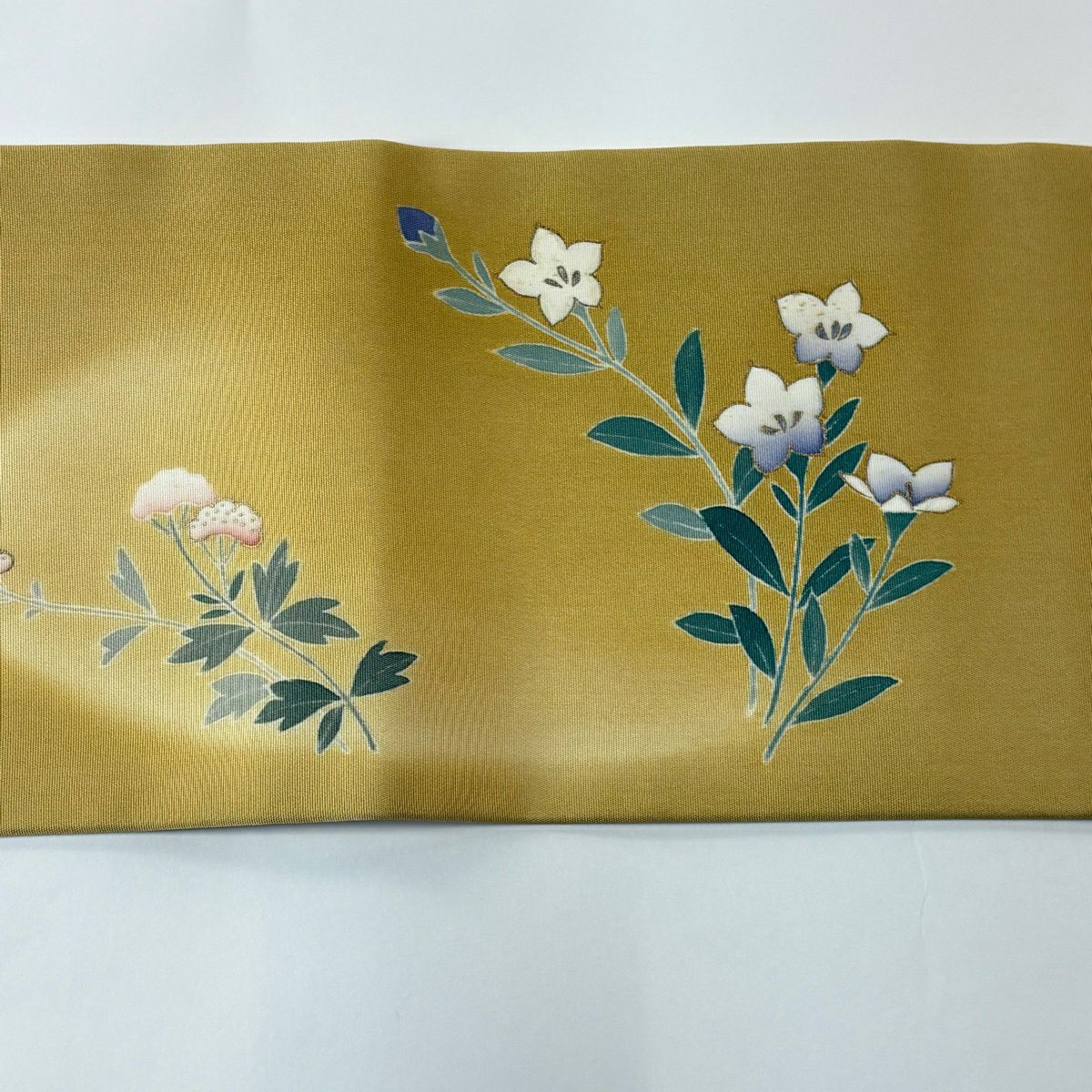 名古屋帶 逸品級 鹽瀬 樂器 秋草紋 金銀彩 淺黃土 純蠶絲