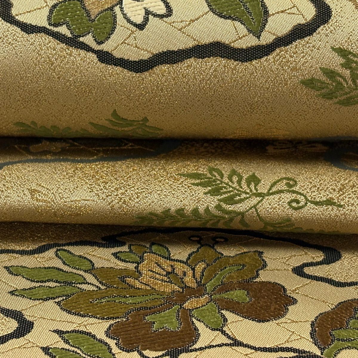 【美品】 袋帶 逸品級 菱屋善兵衛 落款 草花紋紋 霞 金絲 薄茶 六通 純蠶絲