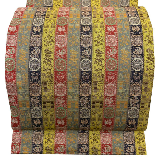 【美品】 開口名古屋帶 逸品級 龍村美術織物 比翼仕立 雉 建築物 金絲 芥末色 純蠶絲