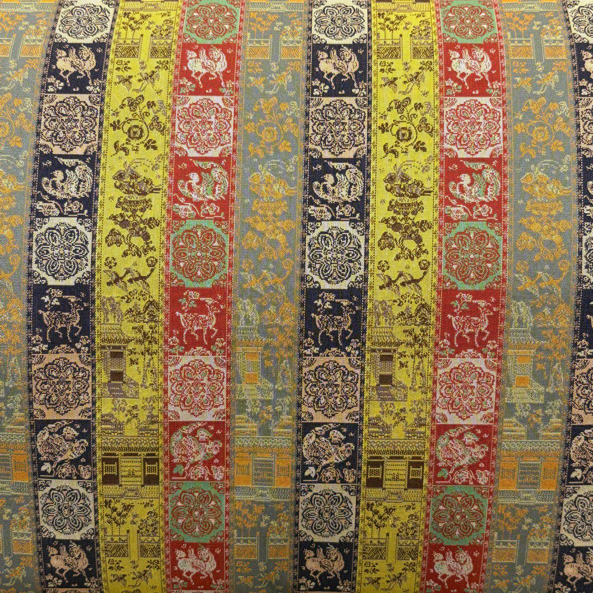 【美品】 開口名古屋帶 逸品級 龍村美術織物 比翼仕立 雉 建築物 金絲 芥末色 純蠶絲