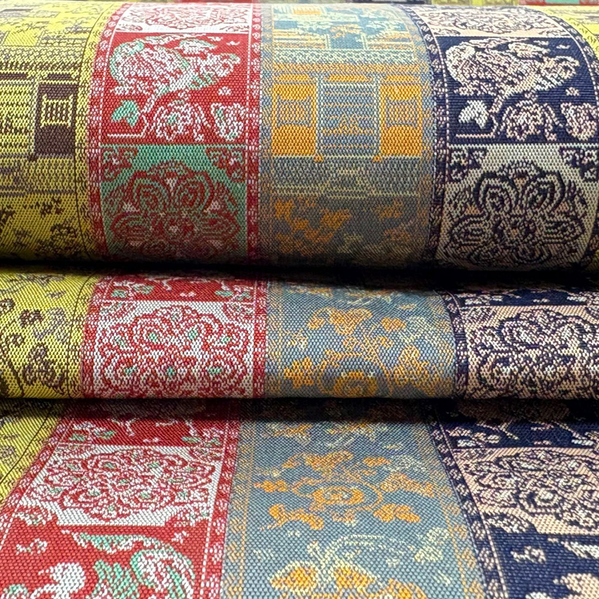 【美品】 開口名古屋帶 逸品級 龍村美術織物 比翼仕立 雉 建築物 金絲 芥末色 純蠶絲