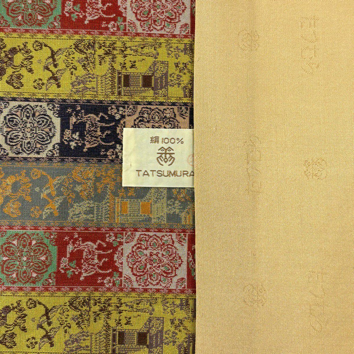 【美品】 開口名古屋帶 逸品級 龍村美術織物 比翼仕立 雉 建築物 金絲 芥末色 純蠶絲