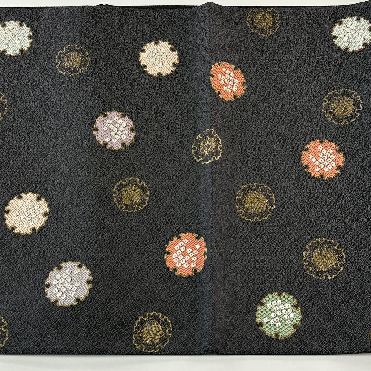 【美品】 袋帶 逸品級 有落款 織匠十一代目篠屋宗兵衛 雪輪 鹿子紋 金金箔 灰紫 六通 純蠶絲