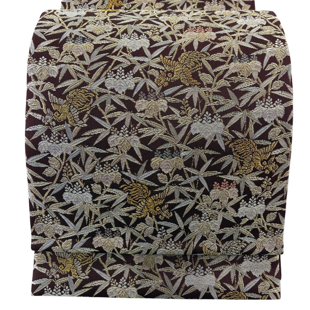 【美品】 袋帶 逸品級 紋屋井關 落款 鳥 桐 金絲 茶紫 六通 純蠶絲
