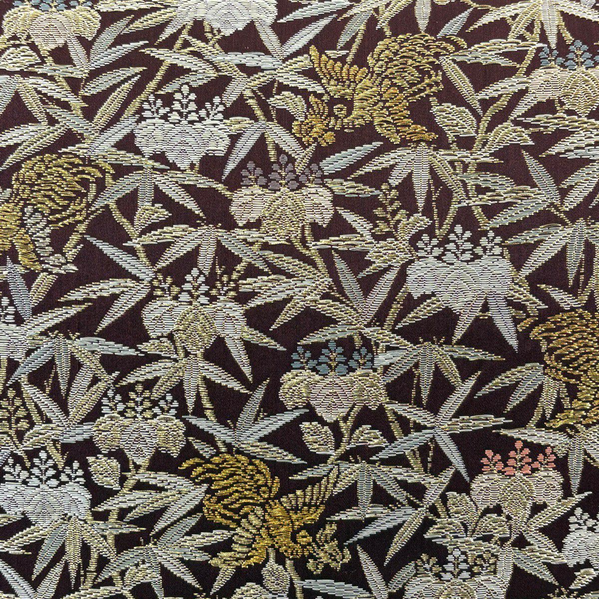 【美品】 袋帶 逸品級 紋屋井關 落款 鳥 桐 金絲 茶紫 六通 純蠶絲