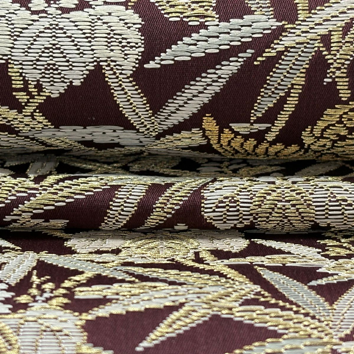 【美品】 袋帶 逸品級 紋屋井關 落款 鳥 桐 金絲 茶紫 六通 純蠶絲