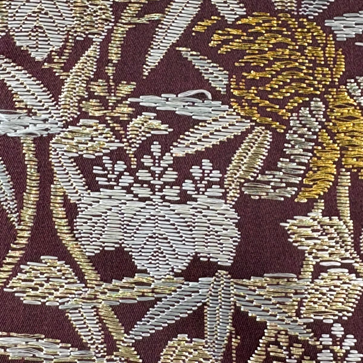 【美品】 袋帶 逸品級 紋屋井關 落款 鳥 桐 金絲 茶紫 六通 純蠶絲
