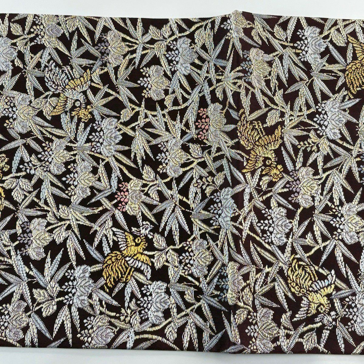 【美品】 袋帶 逸品級 紋屋井關 落款 鳥 桐 金絲 茶紫 六通 純蠶絲