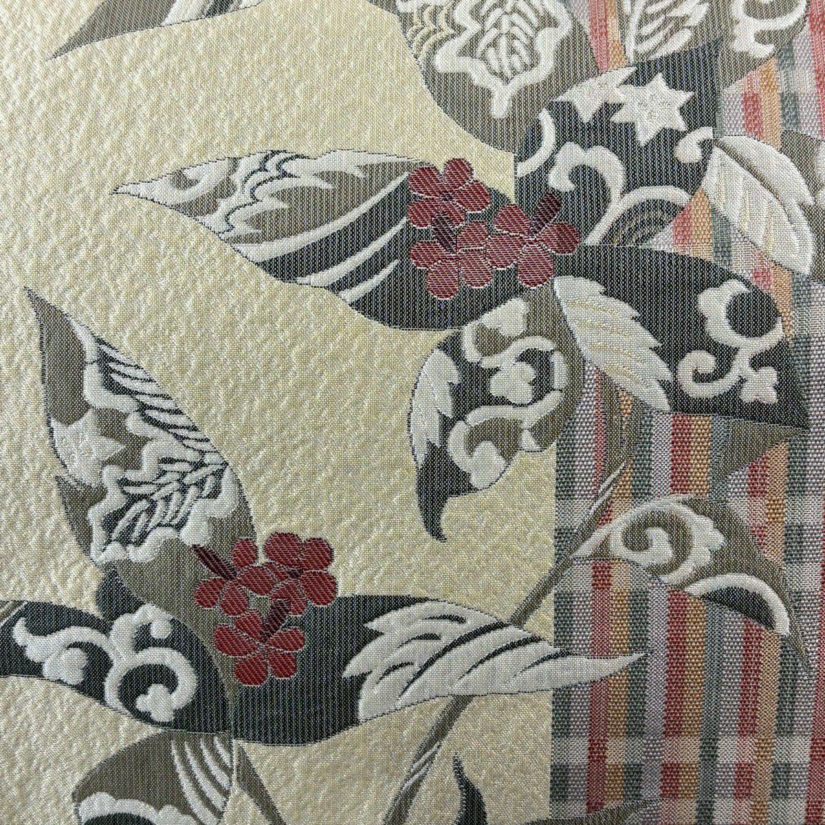 【美品】名古屋帶 逸品級 證書齊全 博多織 松樹葉仕立 八寸名古屋帶 草花紋紋 格子 米色 純蠶絲