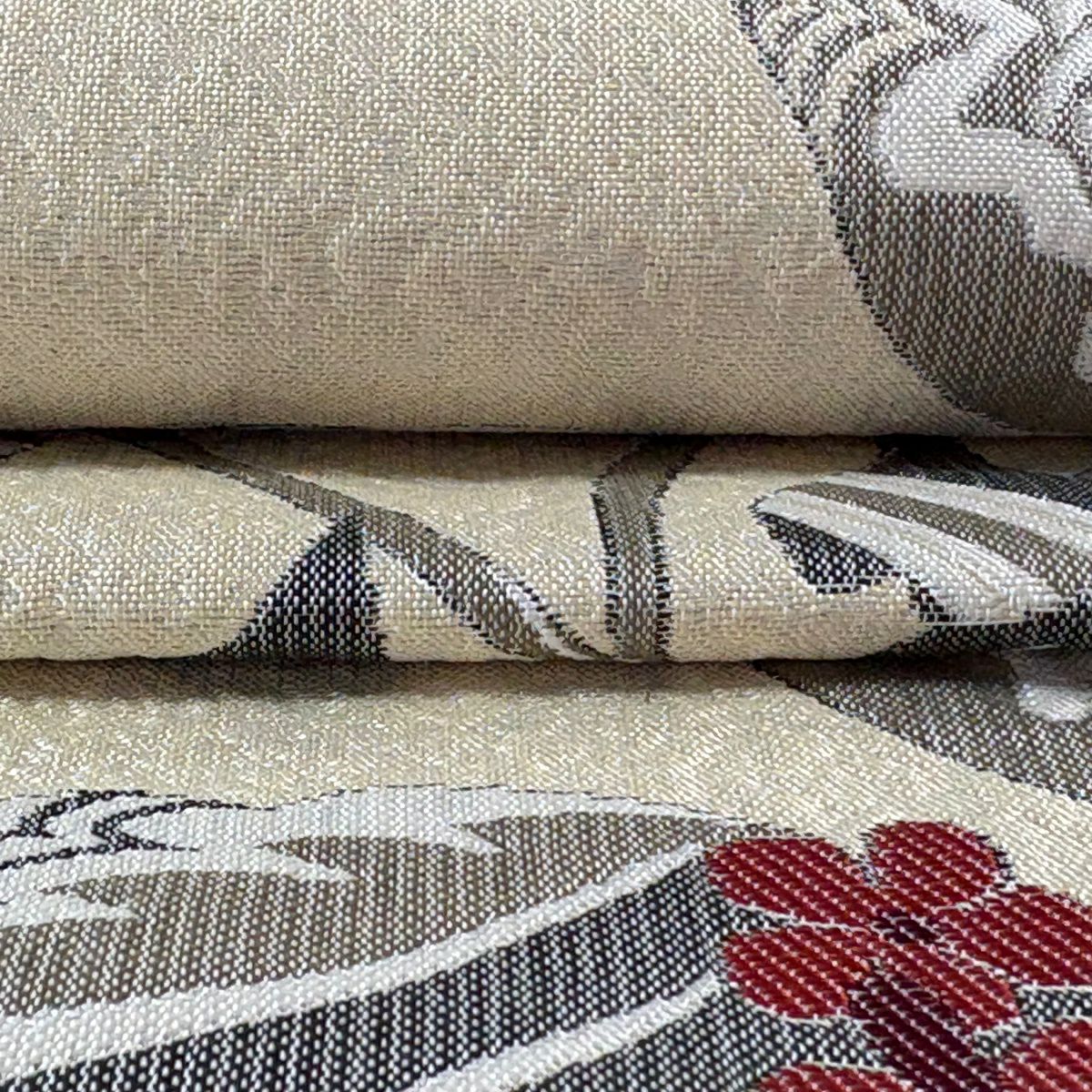 【美品】名古屋帶 逸品級 證書齊全 博多織 松樹葉仕立 八寸名古屋帶 草花紋紋 格子 米色 純蠶絲