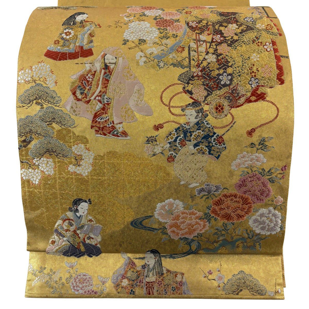 【美品】 袋帶 逸品級 長嶋成織物 落款あり 瀞金錦 關西裁縫 能舞童子文 本金金箔 金色 お太鼓柄 純蠶絲