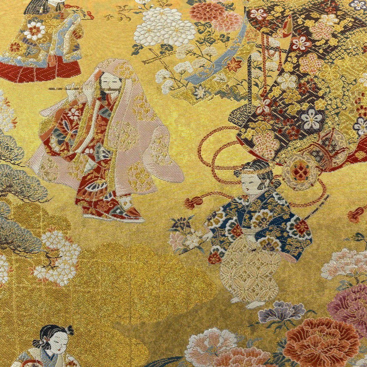 【美品】 袋帶 逸品級 長嶋成織物 落款あり 瀞金錦 關西裁縫 能舞童子文 本金金箔 金色 お太鼓柄 純蠶絲