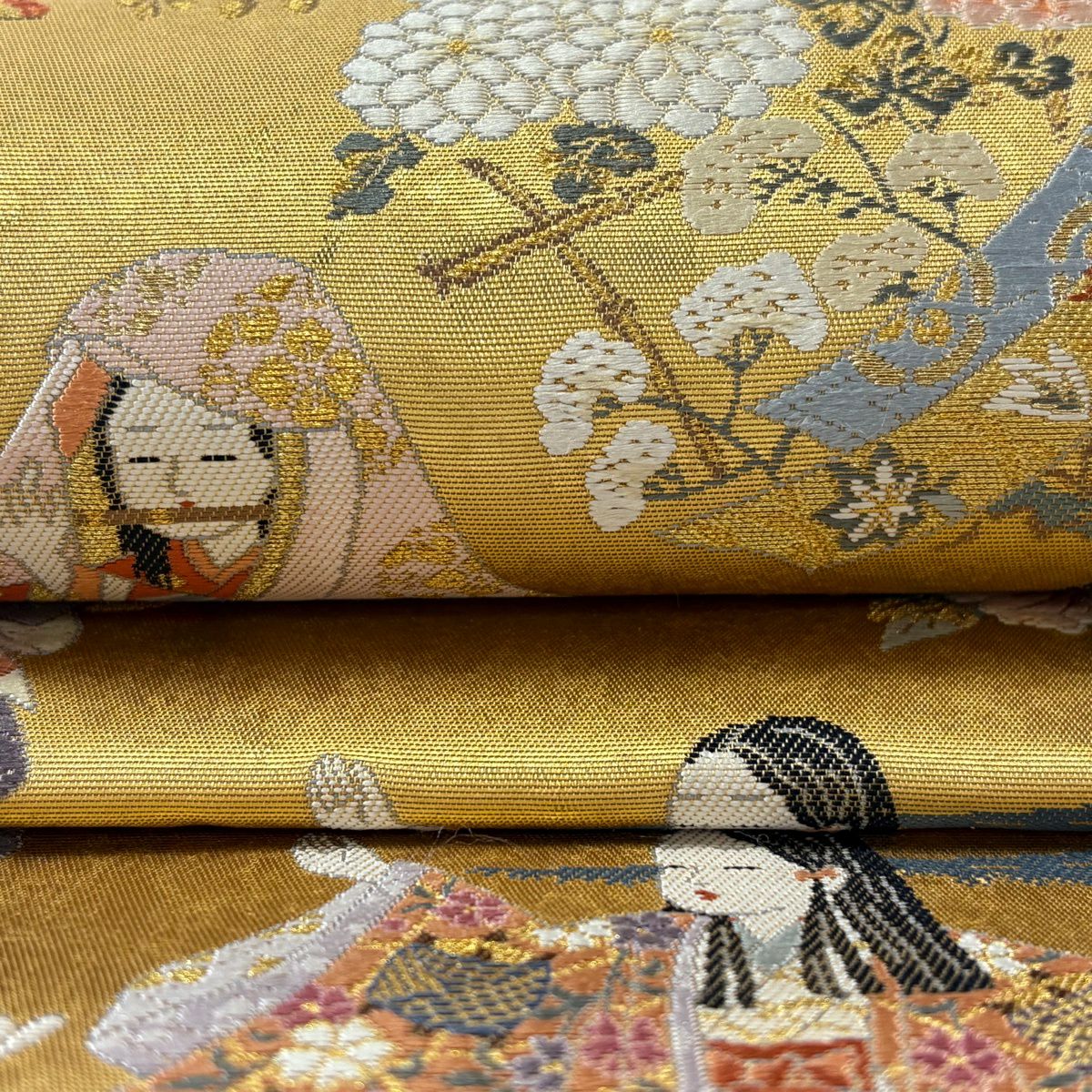 【美品】 袋帶 逸品級 長嶋成織物 落款あり 瀞金錦 關西裁縫 能舞童子文 本金金箔 金色 お太鼓柄 純蠶絲
