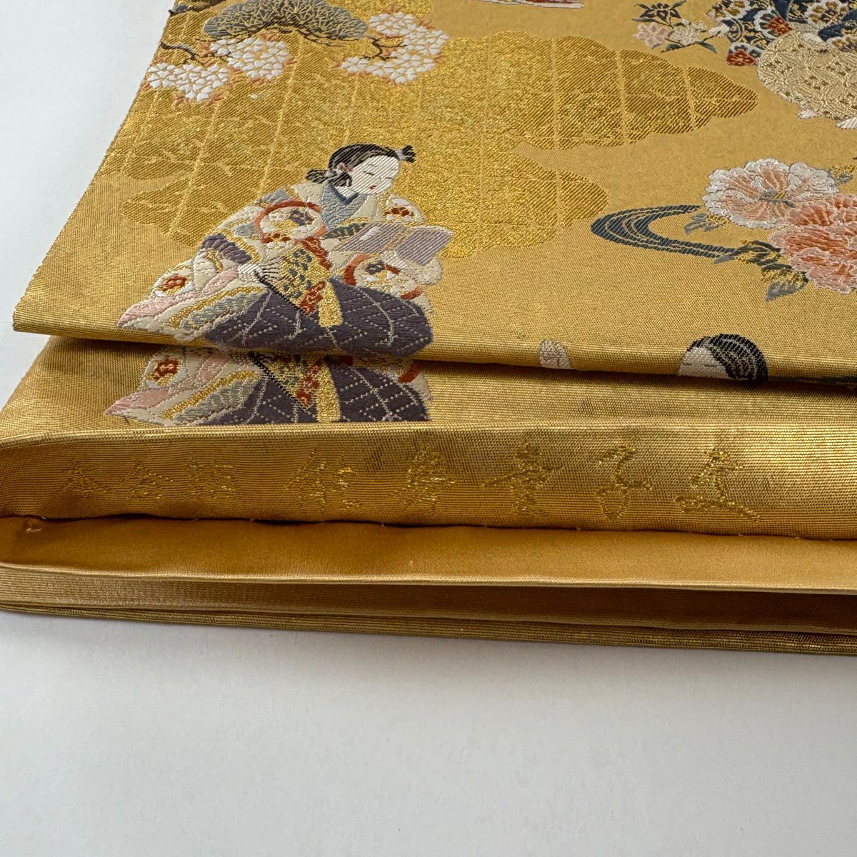 【美品】 袋帶 逸品級 長嶋成織物 落款あり 瀞金錦 關西裁縫 能舞童子文 本金金箔 金色 お太鼓柄 純蠶絲