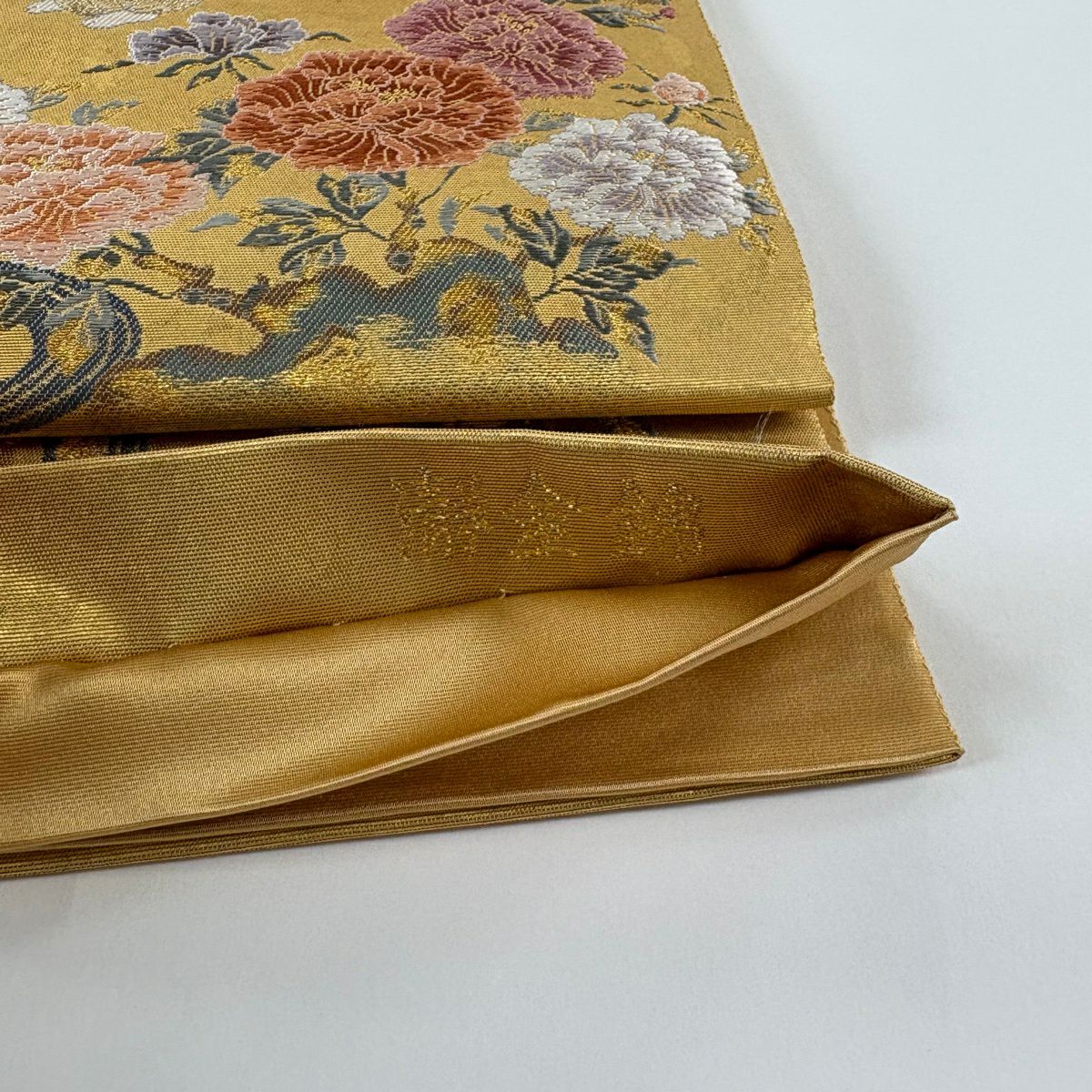 【美品】 袋帶 逸品級 長嶋成織物 落款あり 瀞金錦 關西裁縫 能舞童子文 本金金箔 金色 お太鼓柄 純蠶絲