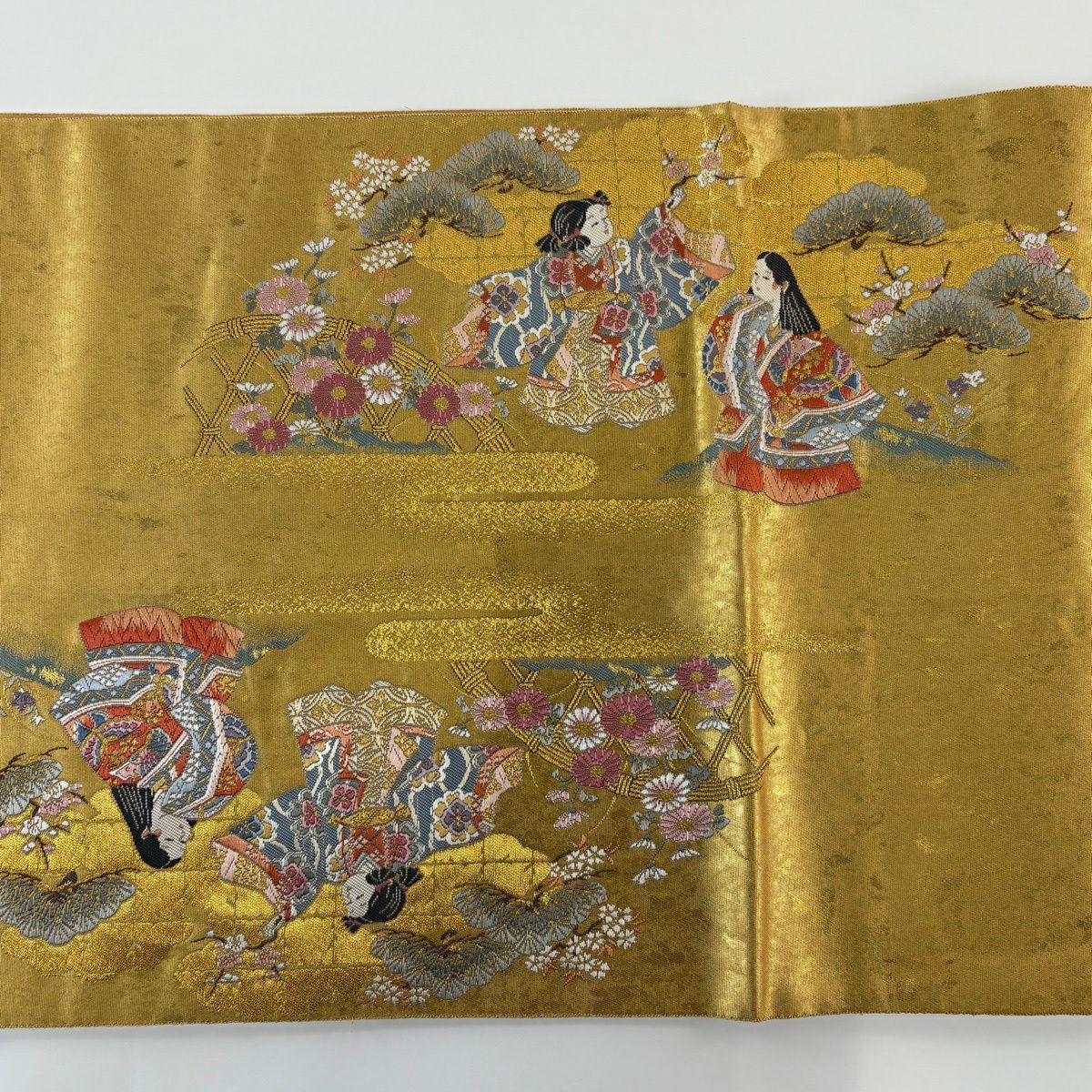 【美品】 袋帶 逸品級 長嶋成織物 落款あり 瀞金錦 關西裁縫 能舞童子文 本金金箔 金色 お太鼓柄 純蠶絲
