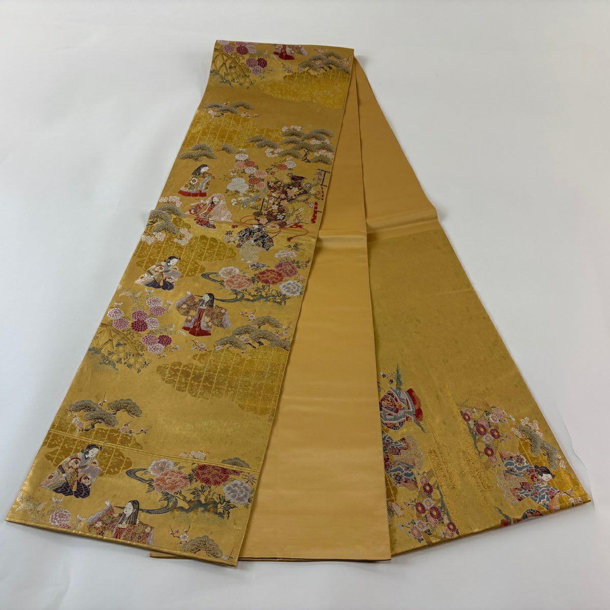 【美品】 袋帶 逸品級 長嶋成織物 落款あり 瀞金錦 關西裁縫 能舞童子文 本金金箔 金色 お太鼓柄 純蠶絲