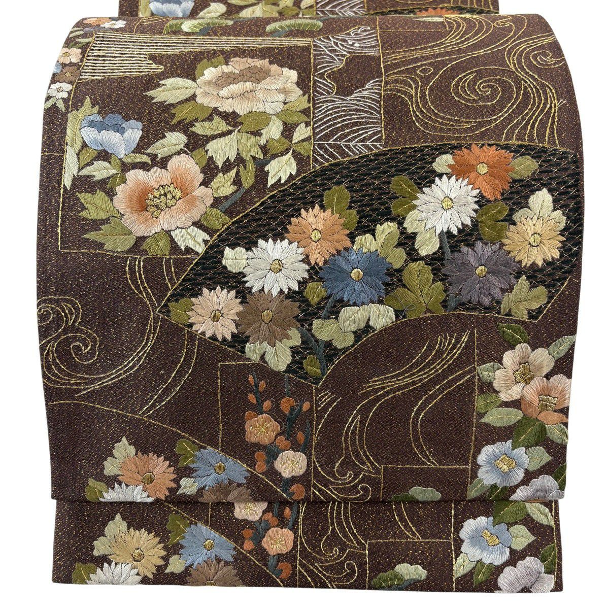袋帶 逸品級 扇子面 草花紋刺繡 金線 茶 六通 純蠶絲