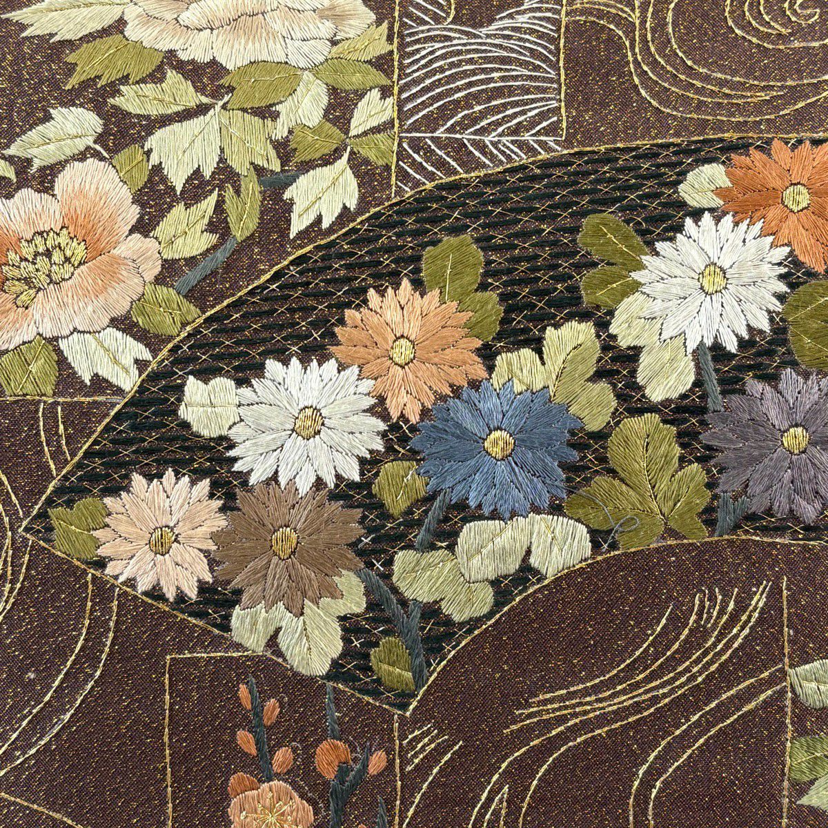袋帶 逸品級 扇子面 草花紋刺繡 金線 茶 六通 純蠶絲
