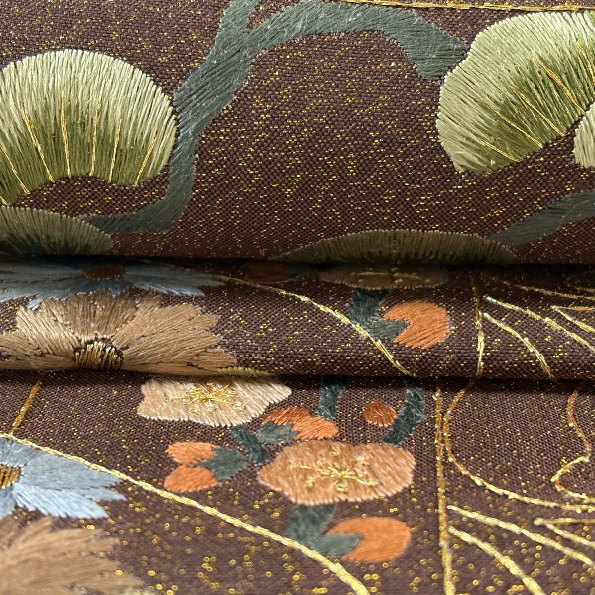 袋帶 逸品級 扇子面 草花紋刺繡 金線 茶 六通 純蠶絲