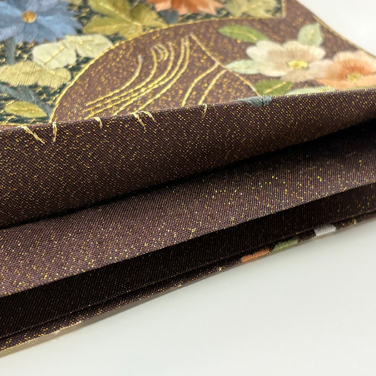 袋帶 逸品級 扇子面 草花紋刺繡 金線 茶 六通 純蠶絲