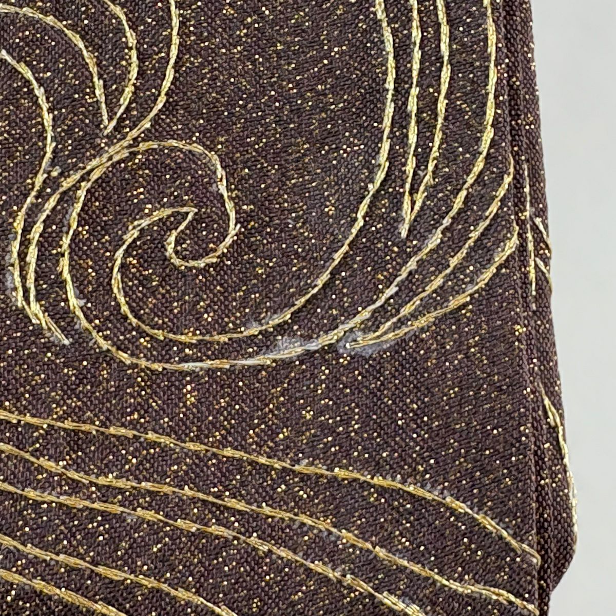 袋帶 逸品級 扇子面 草花紋刺繡 金線 茶 六通 純蠶絲