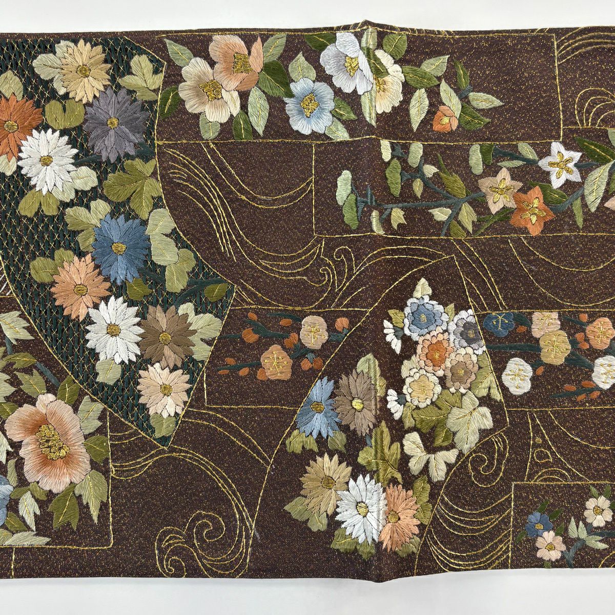 袋帶 逸品級 扇子面 草花紋刺繡 金線 茶 六通 純蠶絲