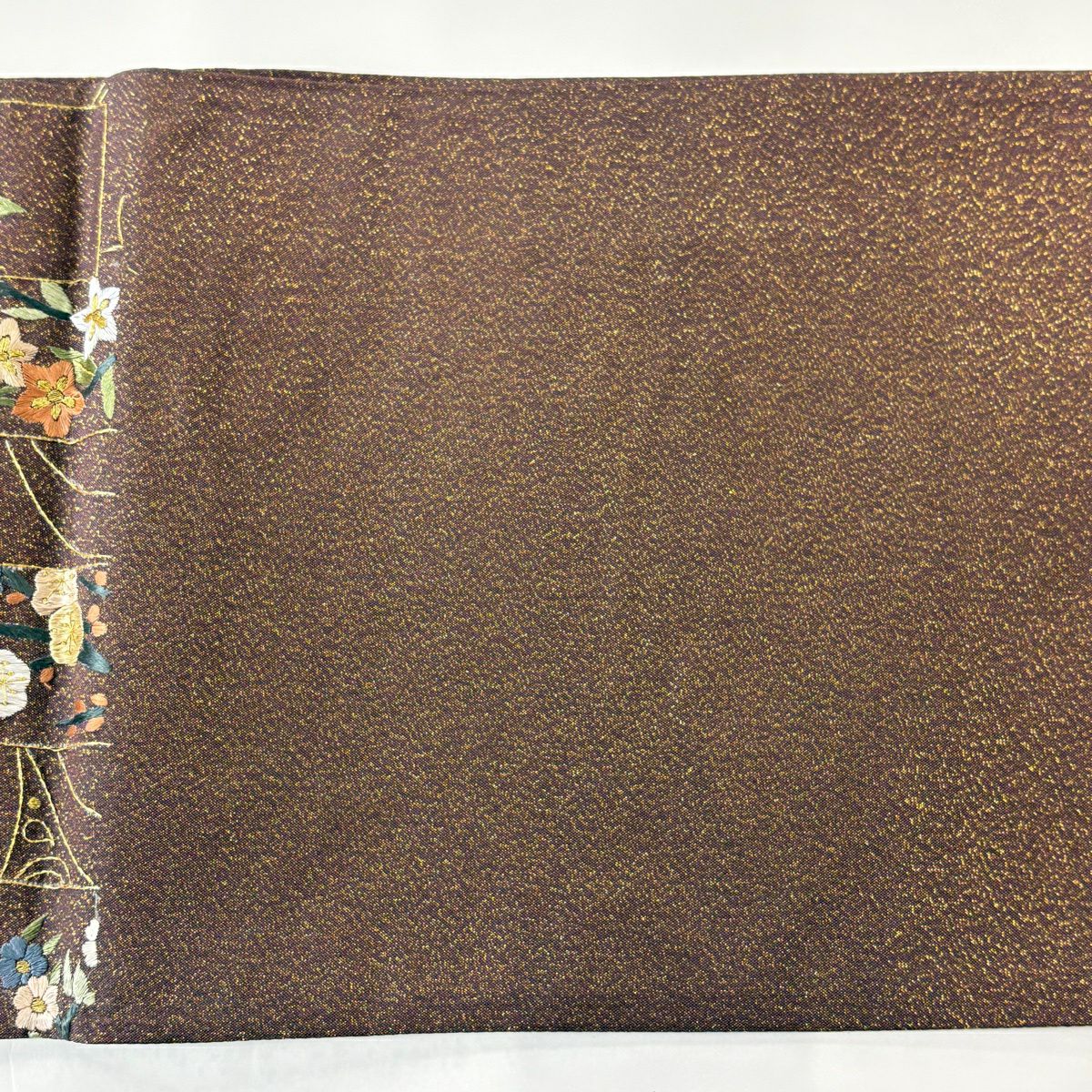 袋帶 逸品級 扇子面 草花紋刺繡 金線 茶 六通 純蠶絲