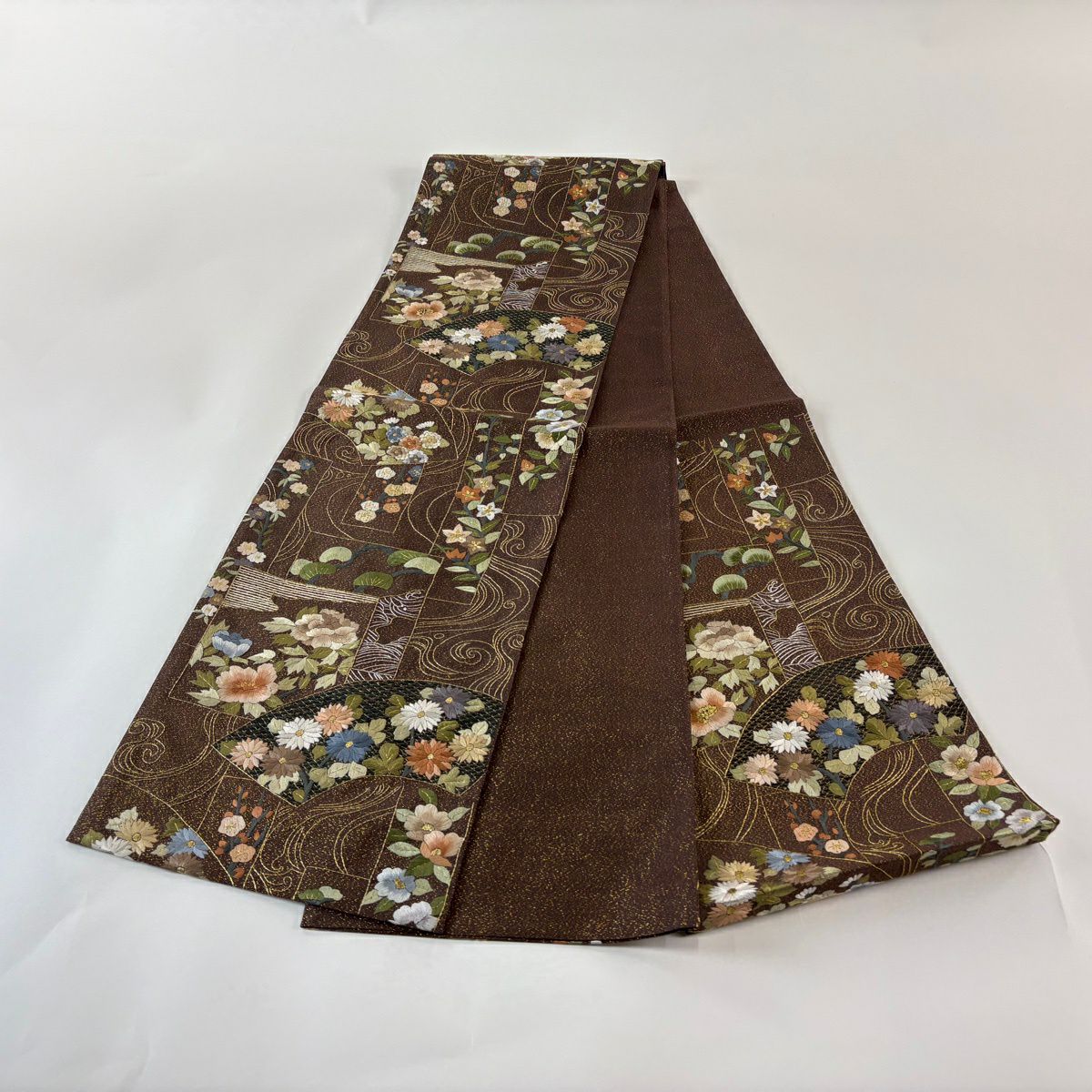 袋帶 逸品級 扇子面 草花紋刺繡 金線 茶 六通 純蠶絲