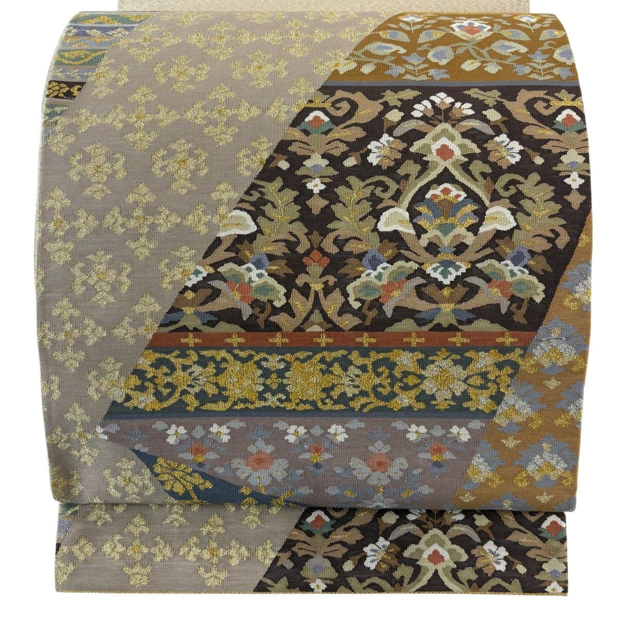 【美品】 袋帶 逸品級 草花紋 金糸 灰茶 お太鼓柄 純蠶絲